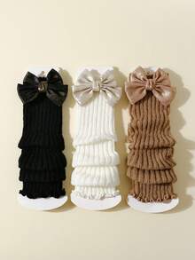3 Pairs Kids Knitted Leg Warmers, Solid Color With Bow Design, Suitable For Elementary And Middle School Students To Pair With School Uniforms And Daily Wear
