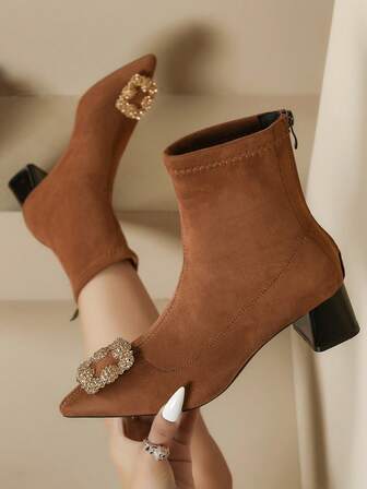 Botines de tacón alto de punta fina para mujer, nuevos botines de tacón grueso de ante sintético para invierno