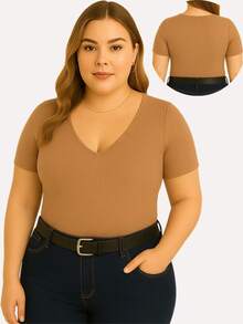Kit With 3 Basic Women's Plus Size V-Neck Blouses - Black/chocolate/brown - View 3