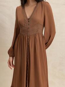 Rusttydustty Women's Brown Lace Sleeve Elegant Dress, Suitable For Casual Daily Wear, New Year, Valentine's Day, Music Festival And Other Occasions - Brown - View 8