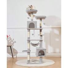 Tree, 68 - Inch Tree Tower Indoor Cats, Plush Multi - Level Condo With 6 Scratching Posts, 2 Perches, 2 Caves, Hammock, 3 Pompoms, MS020SW Gray - 68吋+淺灰色 - 查看 9