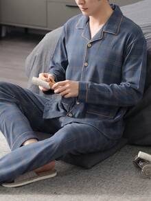 2pcs/Set Men's Loose Fit Long Sleeve Cardigan Pajama Set, Casual Sleepwear For Middle-Aged, Autumn/Winter 2025 Collection - Blue - View 5