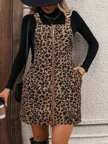 Plus Size Women Leopard Print Pocket Zipper Casual Suspender Skirt
