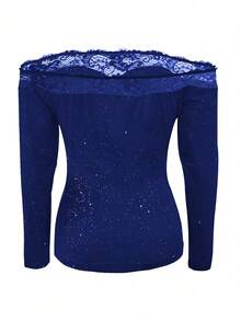 Elegantes romantisches Damen Oberteil mit einem Schulterausschnitt, Langarm, Spitzeneinsätzen und Glitzer für festliche Anlässe