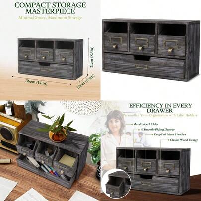 Apothecary Cabinet With 4 Drawers - Vintage Rustic Wood Desktop Organizer For Home And Office Plies - Tabletop Wooden Storage For Catalog Card Jewelry Makeup Craft And Tools