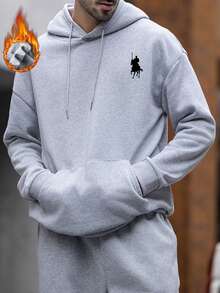 K-GLORY 男士抓绒连帽衫，新款秋冬街头风马术元素印花套头卫衣 - 灰色 - 查看 2