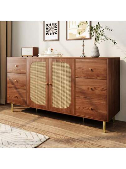 Sideboard, Rattan Aufbewahrungsschrank Mit Schublade, Unabhängiger Holzschrank, Küche, Zuha Wohnzimmer, Brown, 160 40 90 Cm view 5