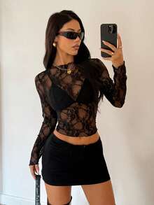 Women's Black Sheer Mesh Lace Long Sleeve Top - Black - View 5