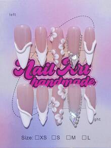 手工杏仁形 Y2K 法式美甲贴，裸色和白色可选，饰有水钻、圣人、十字架、钢珠和仿珍珠元素。10 片/包，3 种尺寸，适合派对、婚礼和日常佩戴。包含工具包，是送给女士和女孩的绝佳礼物。Press On Nails 美甲用品 美甲 - Follow Your Heart - 查看 1