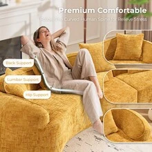 YOGLAD Modern Curved Chenille Sofa Couch, Nordic-Inspired Compressed Cloud Couch For Living Room Bedroom Apartment, Soft Beige 3-Seater Sofa With Comfortable Deep Seating, Boneless Sofa With Skin-Friendly Fabric, No Assembly Required, Small Space Modular Loveseat, Minimalist Modern Sofa Furniture For Home Office Lounge - 黃色 - 查看 4