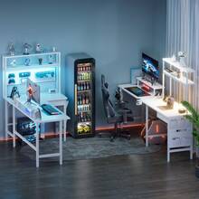 HLDIRECT L Shaped Desk With LED Light & Power Outlet, 59/63 Inch Reversible Corner Gaming Desk With Storage Shelves & Drawer, Computer Table With Monitor Stand For Home Office, Work & Study, White - Xem 7