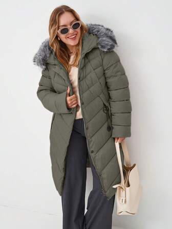 Astrid Plus Size Casual Solid Color Patchwork Faux Fur Hooded Long Padded Coat, Winter