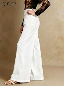 DONICY Women's Solid Color Double Pocket Straight Leg Pants, High Waist Loose Elegant Bell-Bottom Trousers, Pleated High Waist Minimalist Commuter Style, Autumn/Winter