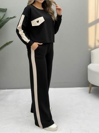 2pcs/Set Women Casual Round Neck Heart Pattern Long Sleeve Top And Pants Suit, Autumn/Winter
