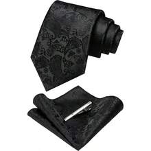 Mens Solid Color Paisley Necktie And Pocket Square With Tie Clip Sets - màu đen - Xem 2
