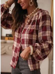 Women's Elegant Plaid Front Button Long Sleeve Shirt, Suitable For Autumn/Winter, Christmas, Layering Or Standalone Wear