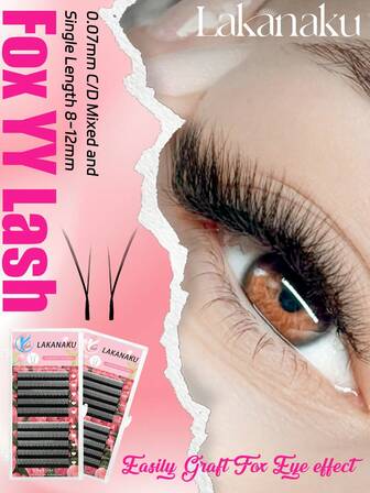  LAKANAKU 10排狐狸眼YY型假睫毛，Cilios狐狸Y型预制假睫毛，0.07毫米仿貂毛C型卷翘自然柔软巴西睫毛，拉长您的双眼