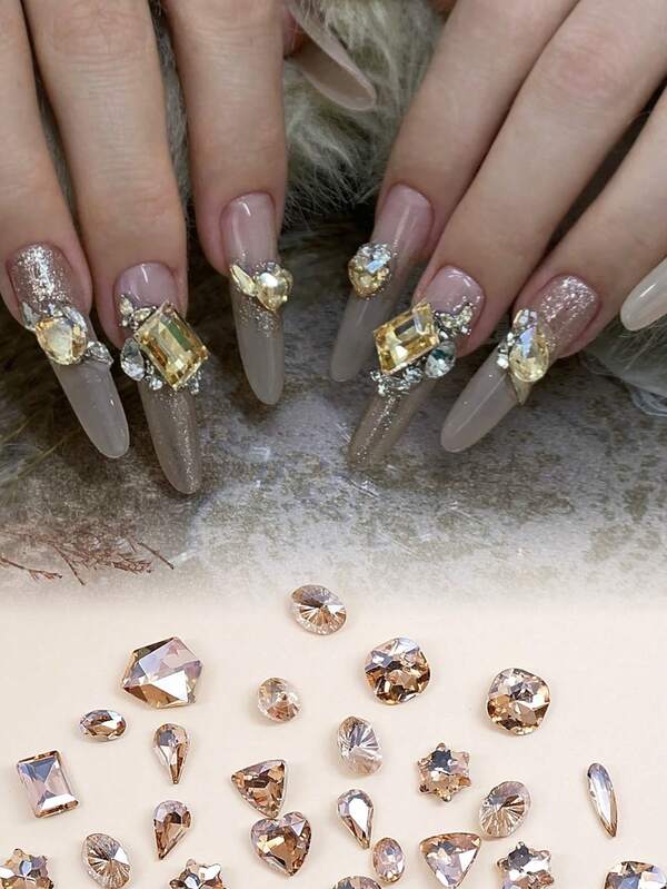 50 قطعة من الراين ذات القاع المدبب بلون الشمبانيا مختلطة لتزيين الأظافر لحفلات