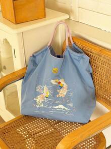 1 pieza Nuevo bolso de mano plegable de gran capacidad de nailon con bordado de doble fénix de moda, correa de hombro ajustable, adecuado para ir al trabajo, compras, fiestas - Multicolor - Ver 8