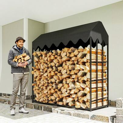  Outsunny Estante de Leña Metálico, 186x70x185 cm, Leñero Exterior con Cubierta Impermeable 600D Oxford, Marco de Acero, Soporte para Leña de Chimenea, Carga 300 kg, para Jardín, Terraza