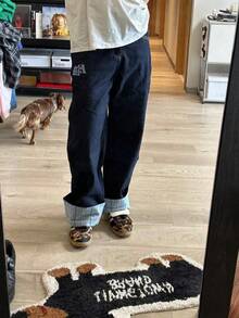 New Summer Plaid Patchwork Cuffed Jeans Men's High-Grade Wide Leg Straight Loose Couple Long Pants - 藍色格子 - 查看 2