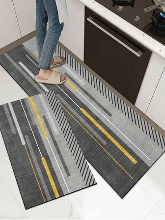 1pc Soft Rubber Kitchen Mat, 3.5mm Thick Kitchen Rug, Modern Luxury Gray-Gold Style Kitchen Absorbent Mat Large Carpet, Can Be Self-Cut To Fit Kitchen Size, Surface Fabric Material, Middle Sponge Layer, Bottom Rubber Layer, Suitable For Kitchen Rugs, Kitchen Decor, Wedding Decor, Home Decor, Bathroom Mat, Entryway Mat, Laundry Room Mat, Hallway Carpet, Living Room Mat, Etc.