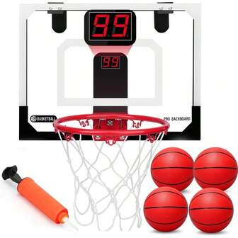 Indoor Basketball Hoop Electronic Scoreboard With 4 PVC Soft Basketballs, Over Door Basketball Hoop Basketball Toys Teen Men
