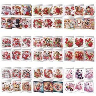 1pc/9pcs DIY Diamond Painting Greeting Card Kit, Valentine's Day Theme Animal Rose Cat Dog Heart Design, Diamond Art Mosaic Postcard, Holiday Card, Suitable For Thanksgiving, Birthday, Christmas, Halloween, Mother's Day To Express Warm Blessings And Best Wishes, Great For Family, Friends And Lover's Holiday Party Invitation, Handmade Craft Gift Set, Diamond Painting Kit With Envelopes