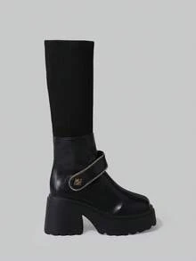 DareSee Giày bốt nữ thời trang thu đông mới, kiểu dáng slip-on, khóa kéo bên hông, đế dày, có thể gập lại, thích hợp cho hoạt động ngoài trời, đi bộ đường dài đến giữa bắp chân, cổ bốt co giãn, khóa kéo trang trí, mũi tròn, đế dày tăng chiều cao 9cm, đế chống thấm nước 4cm, quà tặng lễ hội âm nhạc. - màu đen - Xem 5