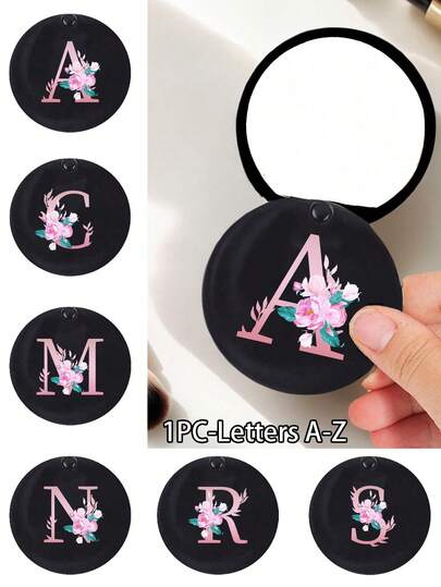 1pc Easy-To-Slide Mini Mirror With Pink Floral Letters A-Z Printed On It, Cute Makeup Mirror, Mini Makeup Mirror, Portable Makeup Mirror, Mini Hand Mirror, Makeup Mirror For Daily Use, Travel And Party, Cute And Fun Little Gift, Novel Design