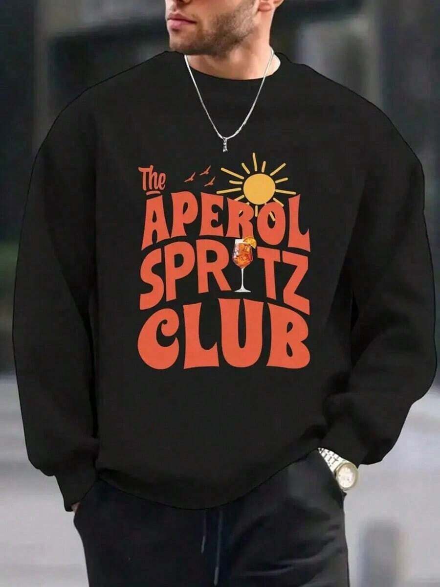 Men's APEROL SPRITZ Fountain Print Y Crew Neck Long-Sleeve Hoodie, Comfortable Regular-Fit Pullover Top For Autumn And Winter,Fall Hoodies,Men's Fall Clothes,Street Wear,Halloween,Mens Hoodies,Y2k Clothes,Jesus Hoodie,Thanksgiving Day,Nightmare Before Christmas,Christmas2025 - Black - View 1