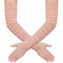 Hazhlko Women's Super Long Stretchy Ruched Mesh Tulle Sheer Gloves Costume Opera Party 1920's Dance Gloves{"Color_name":"Blush"} - Blush - 查看 2