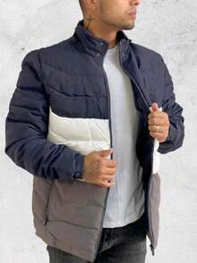 Bobojaco Windbreaker Jacket Striped Two-Tone Lined Waterproof With Removable Cap Winter Spring / Autumn Regular Fit Drawstring Pocket Zipper - Navy Blue - View 2