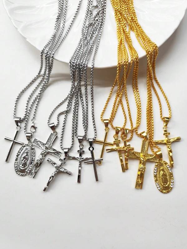 5pcs/1pc Vintage European American Hip Hop Style Cross Pendant Necklace, Long Chain Necklace For Men, Versatile Punk Necklace With Rhinestone, Fashion Accessory For Daily Casual And Couple