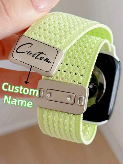[Customized] Personalized Custom Name Y2k Cute Nylon Stripe Magnetic Breathable Strap Compatible With Watch Band Ultra S11 S1042mm 46mm 49 41 45 42 40 44mm Elasticity Band Compatible With Iwatch S11 10 9 8 SE 7 6 5 4 3 2 1