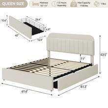 Twin/Twin XL/Full/Queen Size Platform Bed Frame With Storage Headboard & 2 Drawers, Upholstered Cute Platform Bed With Bookcase, Sturdy Wooden Slats Support, No Box Spring Needed, Noise Free - Beige-Queen - Xem 2