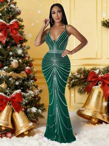 Robe longue élégante pour femme avec fines bretelles, dos nu, croisé, fermeture éclair, style sirène, tissu stretch moyen, sans manches, sexy et habillée, robe de soirée longue, vêtements pour femmes pour Noël, costumes d'Halloween - Vert - Voir 1