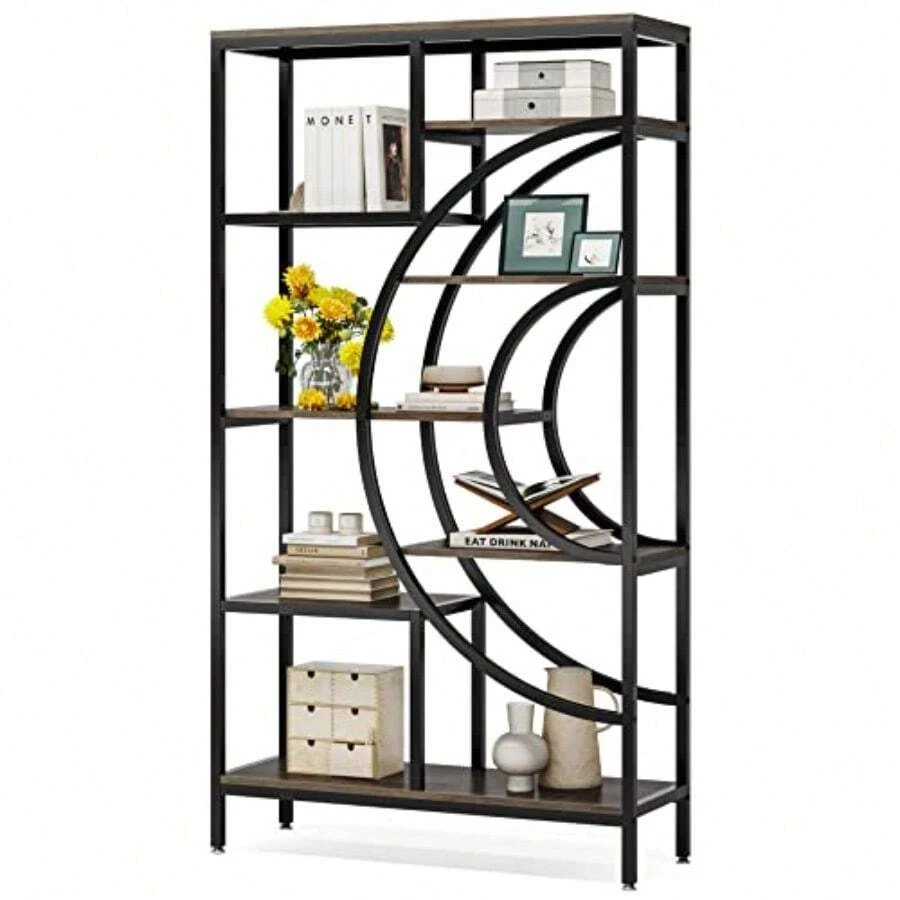 LITTLE TREE Industrielles Bücherregal Etagere Bücherregal rustikal 8 Ebenen Bücherregale mit Metallrahmen hoch freistehend offenes Lagerregal für Heimbüro Wohnzimmer