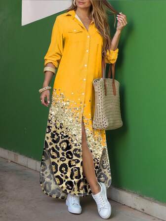 女士长袖领衬衫裙，宽松休闲豹纹连衣裙，春夏