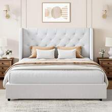 Modern Velvet Upholstered Bed Frame With Curved Wingback Design, Wooden Platform Bed Frame For Bedroom,No Box Spring Needed, Easy Assembly, Full Bed Frame/ Queen Bed Frame/ King Bed Frame/ Full Size Bed Frame/ Queen Size Bed Frame/ King Size Bed Frame,Pink/ White/ Grey - White - View 6