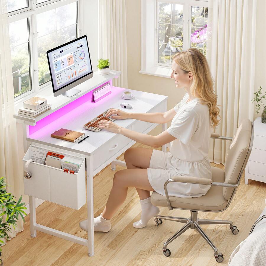 EnHomee 31.5"D Office Desk With LED Strip Lights & Ergonomic Monitor Stand 2 Fabric Drawers And Side Pocket Computer Desk For Bedroom,Office - Xem 1