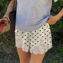 Boho Women's Lace Trim Satin Silk Shorts Shiny Elastic Waist Mini Shorts Pettipants Half Slip Shorts French Knickers Boyshorts For Dresses Full Coverage Underwear Lounge Pants - 黑與白 - 查看 1