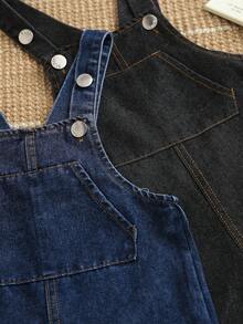 2件套婴儿男女童时尚水洗休闲牛仔背带裤/连体裤，适合春秋季穿着 - 深色水洗藍 - 查看 4