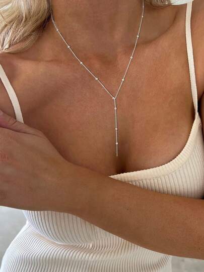 1pc Long Y-Shaped Pendant Necklace With Round Beads, Alloy Material, Suitable For Parties, Outfits, Daily Wear, Gifts (Handmade Chain Cut To Appropriate Length, Bead Quantity Adjustable)