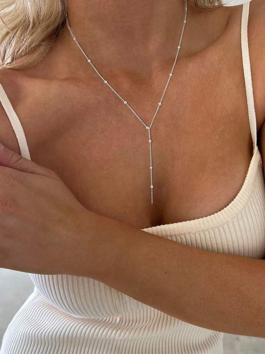 1pc Long Y-Shaped Pendant Necklace With Round Beads, Alloy Material, Suitable For Parties, Outfits, Daily Wear, Gifts (Handmade Chain Cut To Appropriate Length, Bead Quantity Adjustable)