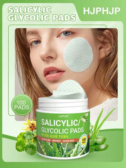 HJPHJP 100Pads-Salicylic Glycolic Pads, Glycolic Acid Pads, Facial Radiance Pads, Contains Glycolic Acid, Salicylic Acid And Centella Asiatica, Cleanse And Oil-Control, Exfoliation, Make The Skin Smoother And Reduce Clogged Pores, Daily Skincare, Suitable For All Skin Types