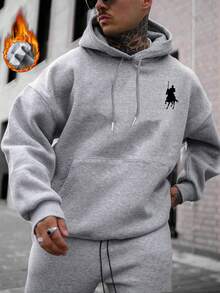 K-GLORY 男士抓绒连帽衫，新款秋冬街头风马术元素印花套头卫衣 - 灰色 - 查看 4