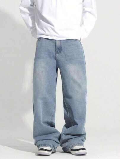 Elastic Waist Loose Washed Blue Denim Casual Pants For Teenage Boys