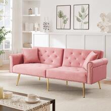 [Two-Seater Sofa Bed] - Modern Two-Seater Sofa With Adjustable Backrest + Gold Metal Legs, Integrated Bed Function. Multifunctional 2-In-1 Furniture. - Pink + Foam + 2 Seat - View 6