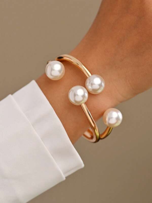 1 pieza Brazalete de aro abierto con perla y diseño geométrico minimalista y elegante, versátil para uso diario y escapadas, adecuado como regalo para amigos y familiares